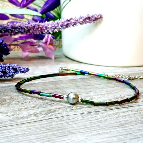 Minimalist Adjustable Beaded Anklet, Rainbow Iridescent Dainty Seed Bead - Picture 1 of 6